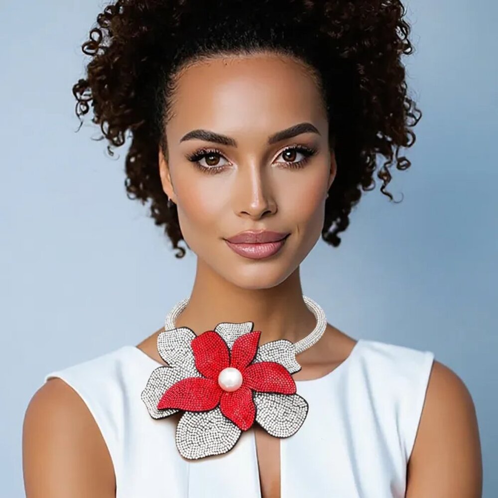 Scarlet Radiance: DST Handcrafted Brilliance Flower Choker Necklace